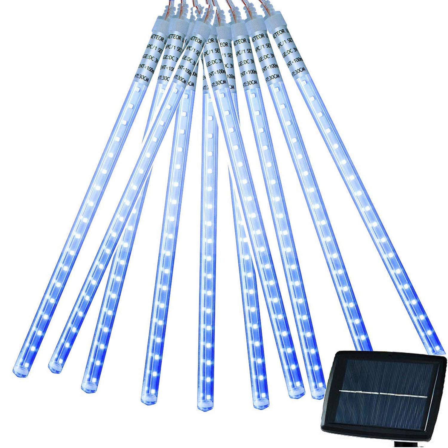 KEEDA Solar Meteor Shower Lights, 30cm 10 Tubes 360LED Raindrop Lights Waterproof Decorative Icicle String Lights for Outdoor Garden Party Wedding Christmas Tree Decoration (Blue)