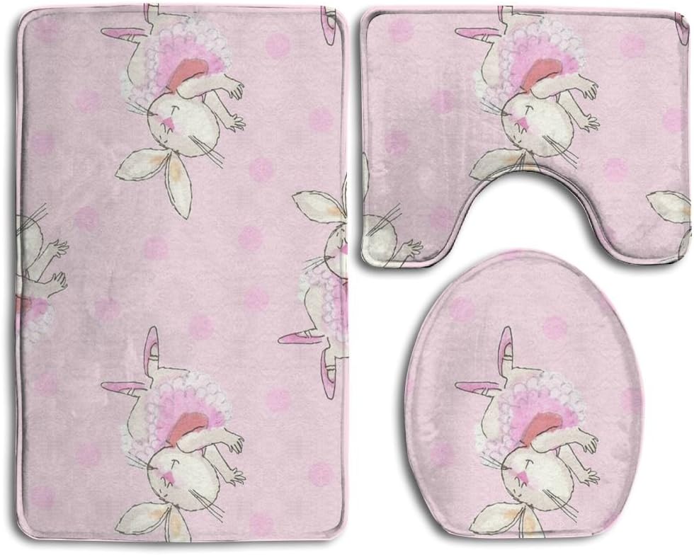 Bunny Pink 3 Piece Bathroom Rug Mat Set Soft Memory Foam Bath Carpet Contour Rug With Lid Cover
