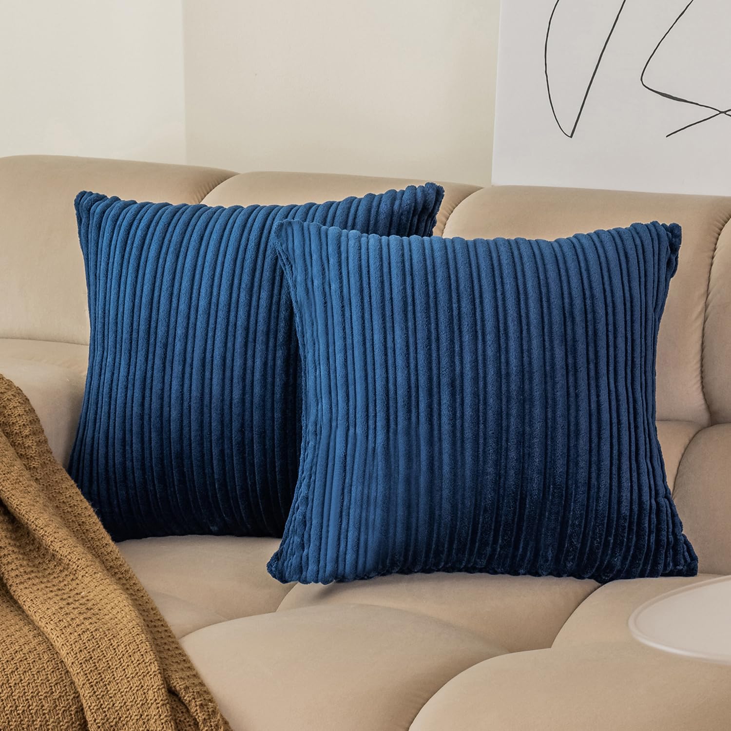 Photo 1 of Kevin Textile Striped Corduroy Plush Texture Velvet Euro Throw Pillow Sham Cushion Cover for Chair, 18 x 18 inch (45cm), Set of 2, Navy Blue