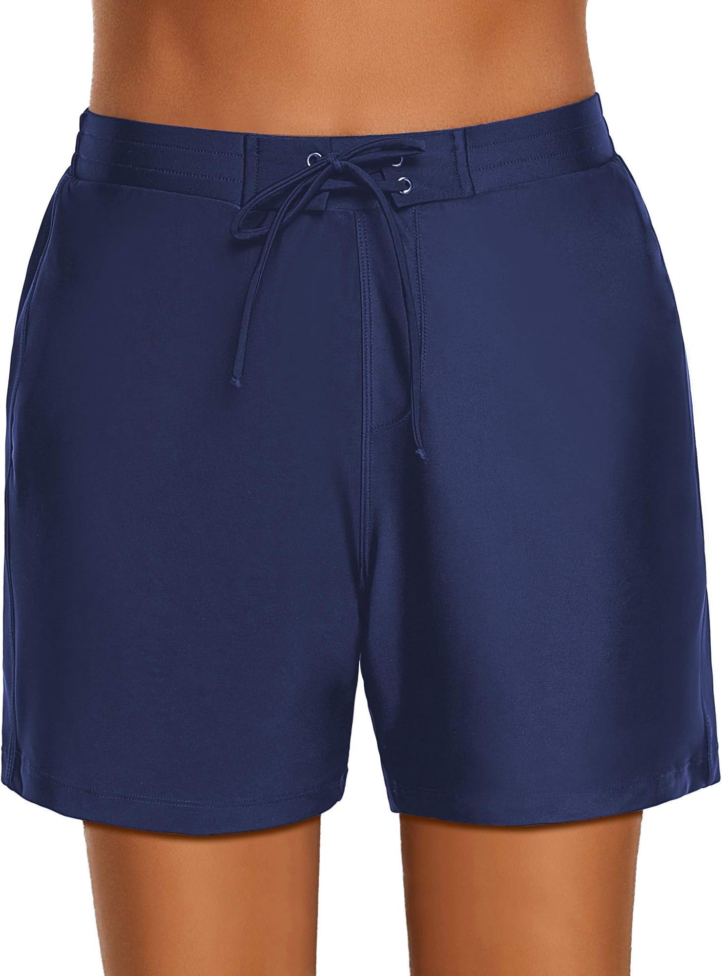 Women's Tie Front Waistband Boardshorts Solid Swim Bottom Beachwear