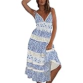 Women Tie Shoulder Boho Floral Maxi Dress Y2k Smocked Flowy Lace Sundress Spaghetti Strap Summer Long Beach Dress
