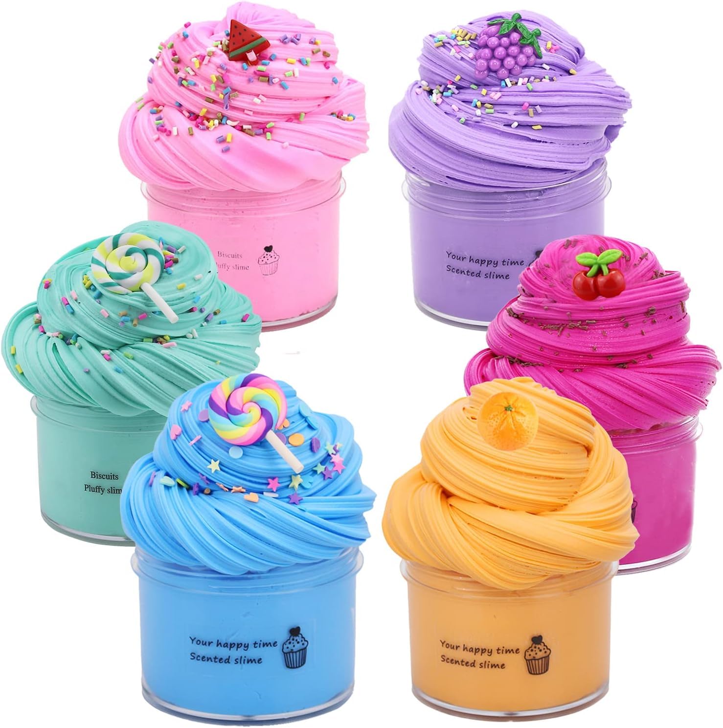 BTOIURF 6 Pack Fluffy Butter Slime Kit, Include 6 Pack Cute Mini Charms, DIY Butter Slime Party Gift,Super Soft and Non-Sticky, Stress Relief Toy for Girls and Boys