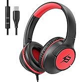 USB C Kids Headphones Wired with Mic, 85/94 dB Volume Limit, Over Ear Headphones for Kids Boys Girls, Foldable Stereo Sound Wired Headphones for School/Tablet/Travel, Black Red