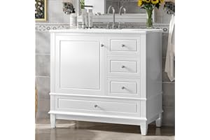 Feoffey 36 Inch Bathroom Vanity with Ceramic Sink, Solid Wood Frame and Legs White Cabinet,3 Drawers and Single-Door Cabinet,
