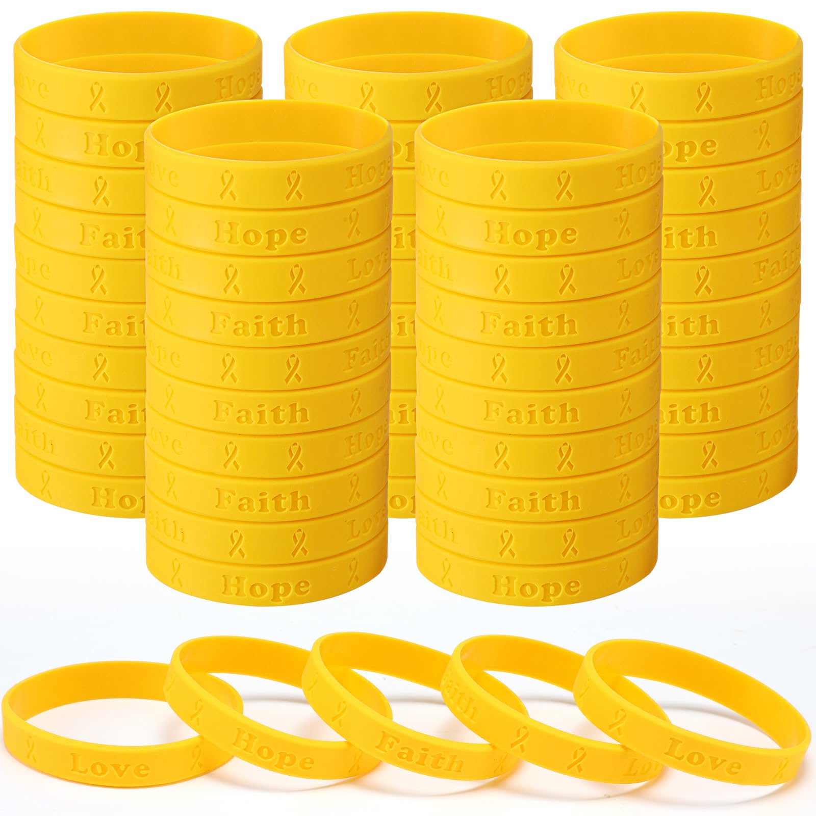 Photo 1 of 100 Pcs Childhood Cancer Awareness Bracelets Bulk Childhood Cancer Awareness Items Silicone Yellow Ribbon Gold Rubber Wristbands Hope Faith Love Inspirational Wristband for Event Fundraising Charity
