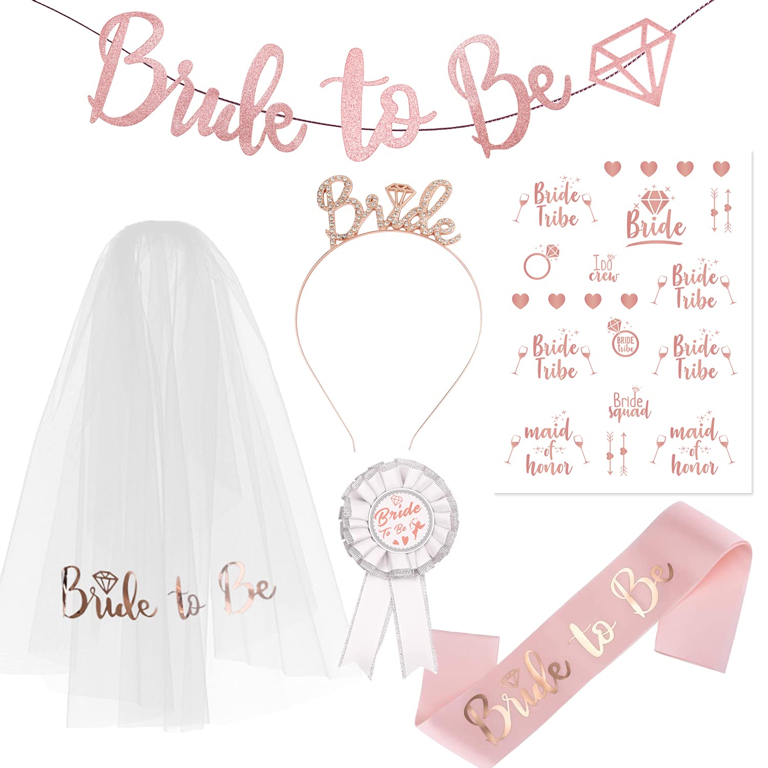 Rose Gold Hen Party Decoration Set for Bridal Shower，Bridal Shower Accessories，Hen Party Accessories, Bride to Be Rhinestone Headband, Hen Tattoo, Bride to Be Sash and Veil, Bridal Badge