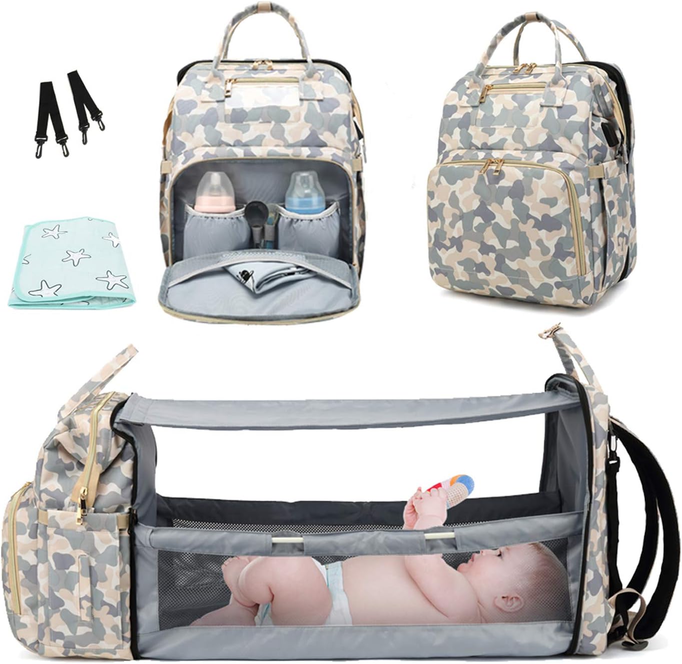 3 in 1 Diaper Bag Backpack with Travel Foldable