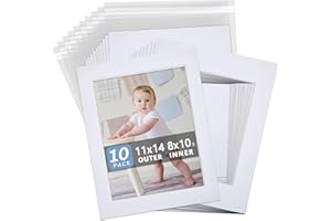 Somime 10 Pack White Photo Board 11x14 Mat for 8.5x11 Photo Mat, White Core Bevel Cut 11x14 Matted Picture Frame Mat Kit Incl