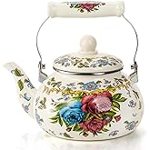 Fasmov 2.5L Enamel Teapot, Large Porcelain Enameled Teakettle, Floral Colorful Tea Kettle with Handle for Stovetop, Retro Ste