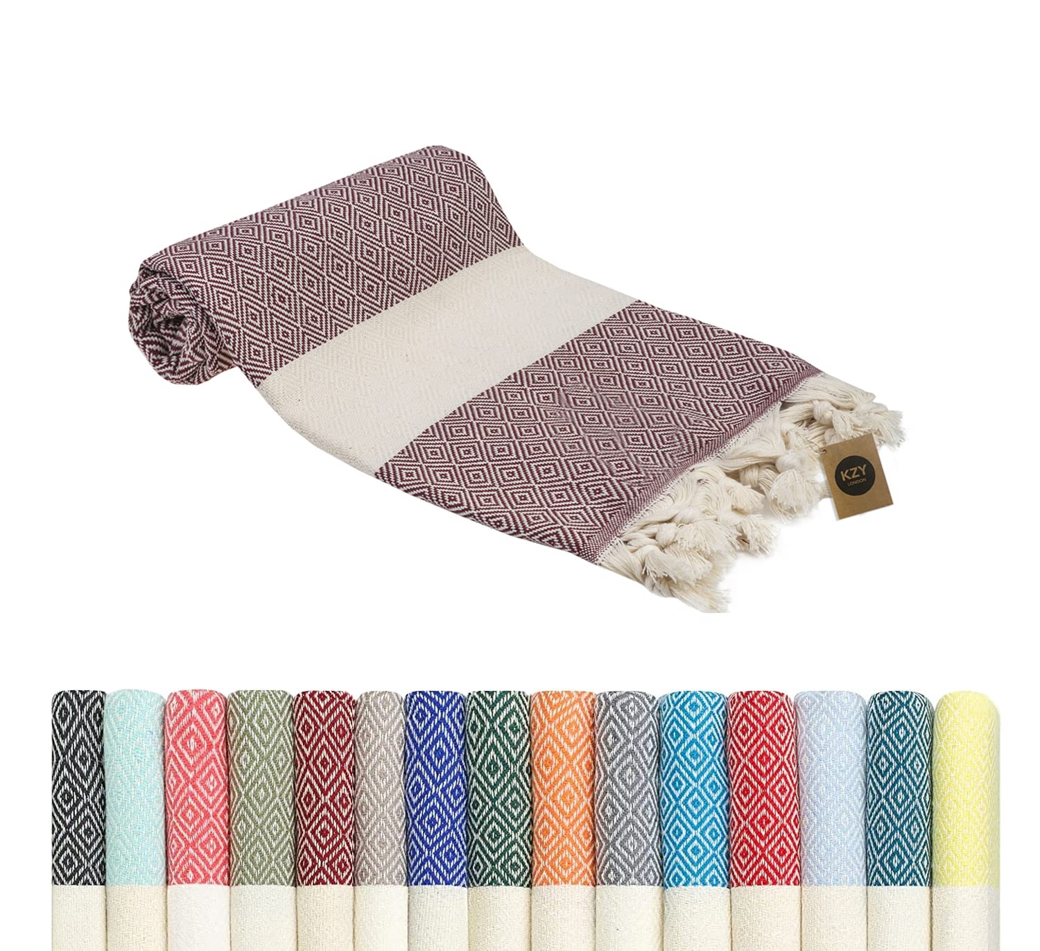 KZY LONDON Beach Towel - Large Turkish Beach Towels for Camping, Swimming, Bath, Gym, Picnic - Quick Dry, Super Absorbent, Lightweight, Compact Cotton Hammam Towels for Adults, Men, Kids (Burgundy, 1)