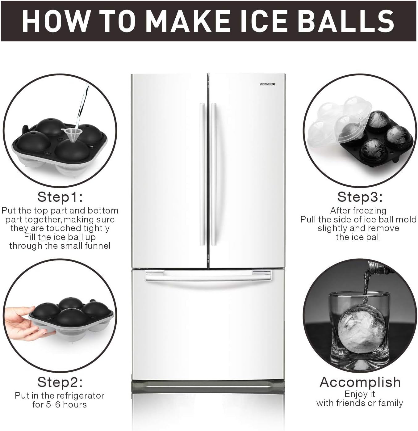 Adoric Large Sphere Mold Silicone Ice Cube Trays for Whisky 2.5 Inch Ice Ball Mold Sphere Round Ice Ball Maker, Black: Kitchen & Dining