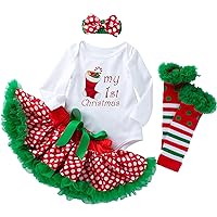 Fioukiay Baby Girl My First Christmas Outfit - 4PC Set With Romper, Skirt, Leg Warmers & Headband