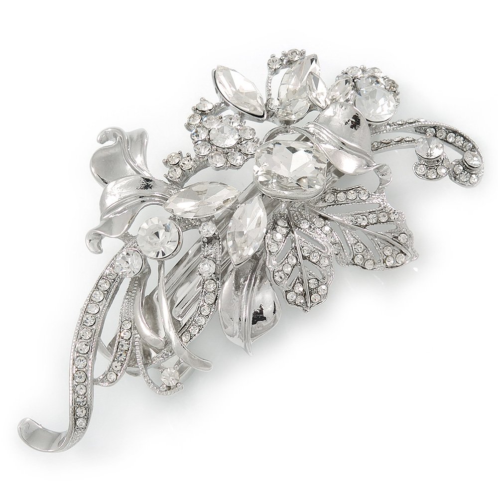 Rhodium Plated, Clear Cz Floral Barrette Hair Clip Grip - 105mm Across