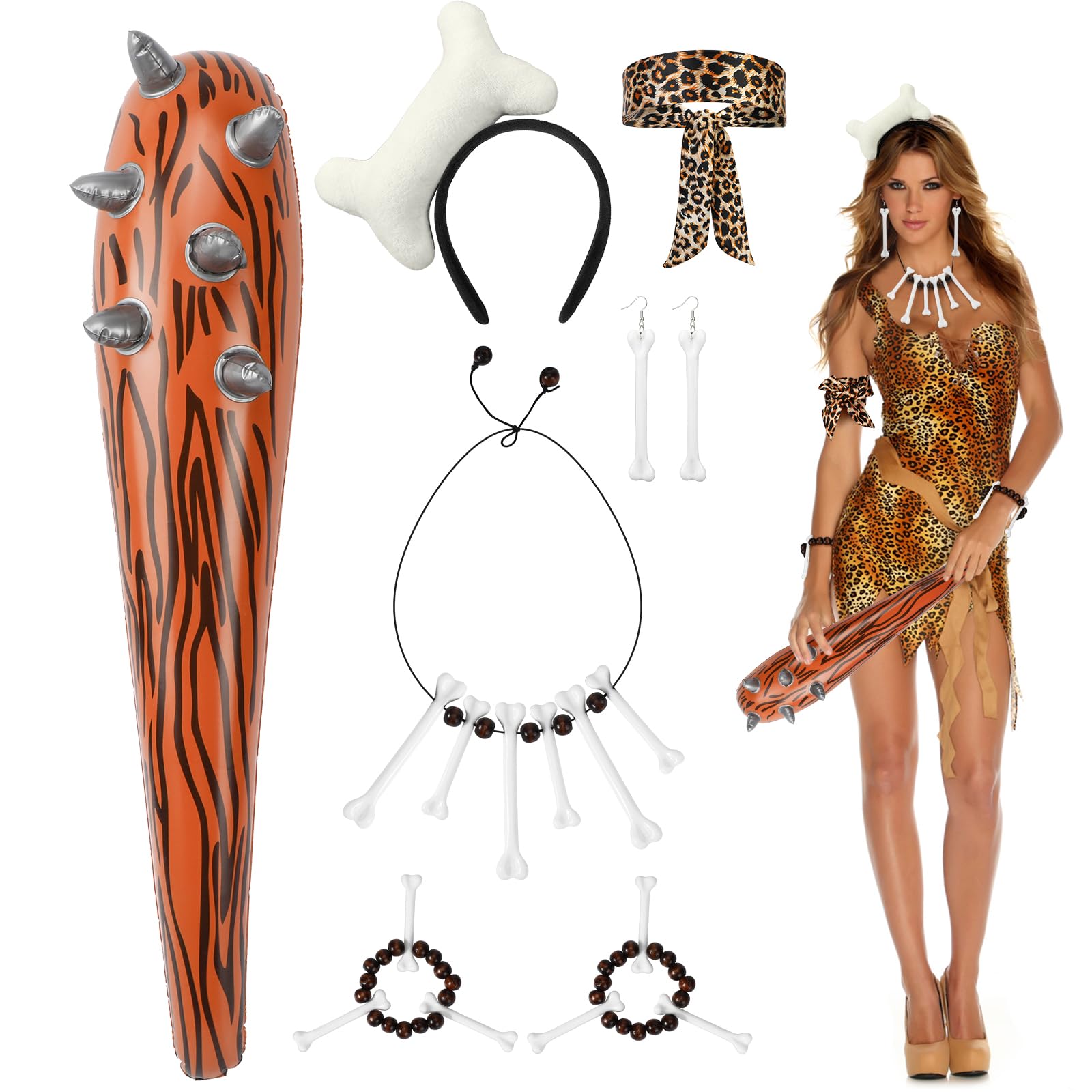 7 Caveman Costume Accessories - Adult & Kids Inflatable Club, Bone Headband, Necklace, Bracelet, Earrings, Leopard Armband - Caveman & Cavewoman Fancy Dress for Halloween & Carnival Party