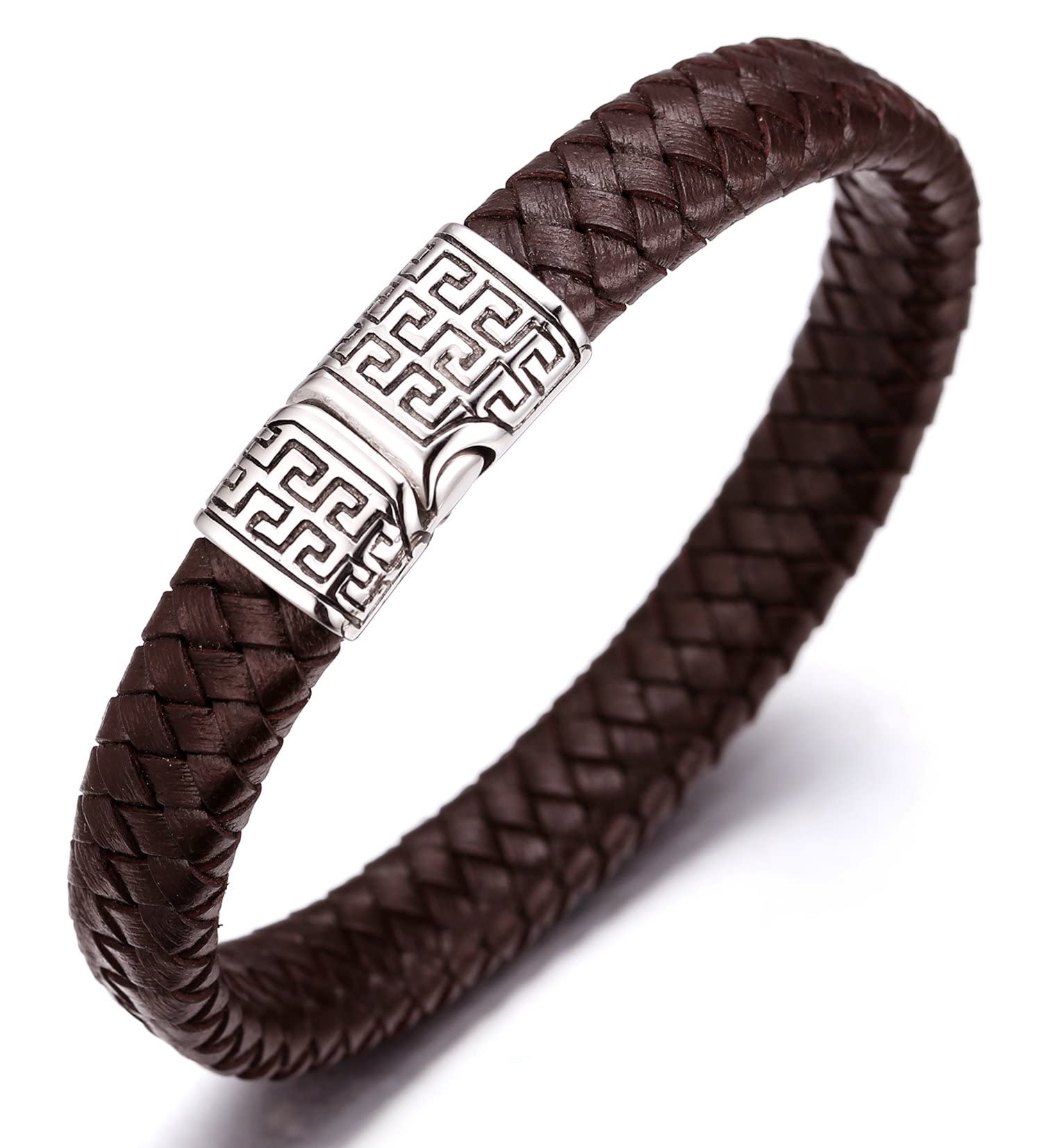 HALUKAKAH ● Solo ● Men's Genuine Brown Leather Bracelet Titanium Clasp with Magnets 8.46"(21.5cm) - with Giftbox