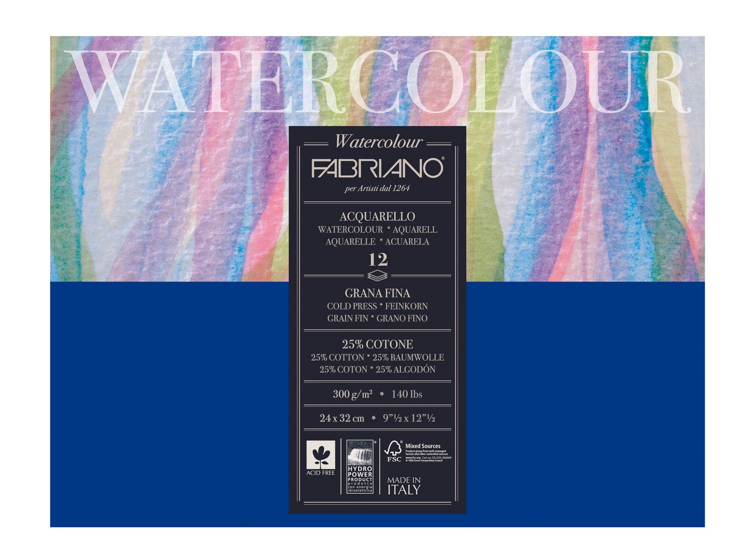 Fabriano Watercolour and all Wet Media Pad - 12 Sheets - 300 gsm - Acid Neutral - Fine Grain - 24 x 32 cm - 9.5 x 12.5 inches
