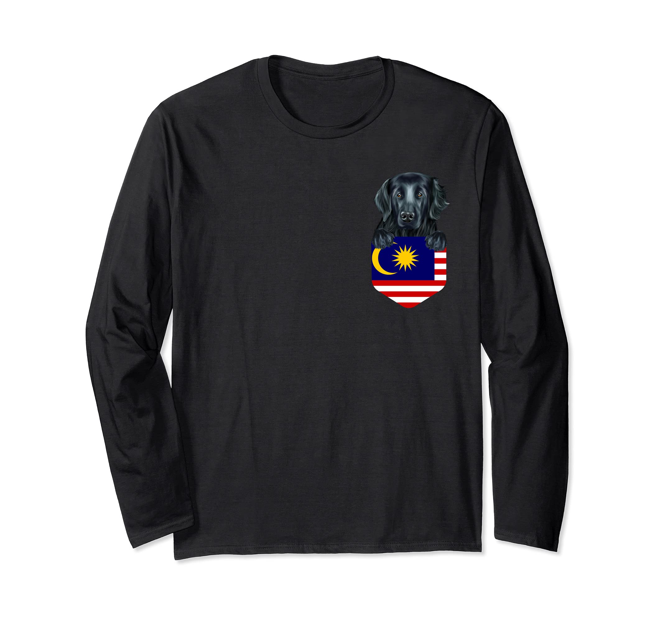 Malaysia Flag Flat-Coated Retriever Dog In Pocket Long Sleeve T-Shirt