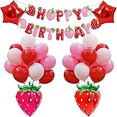 Strawberry Decorations for Girls - Happy Birthday Banner, Fruit Party Balloons, Pink Red White Balloons, Table Centerpiece Decorations, Kids Birthday Party Supplies (29 Pieces)