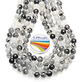 LPBeads 100pcs Polished 8mm Round Natural Black Rutilated Quartz Gemstone Loose Beads with Stretch Cord for Jewelry Making Bracelets