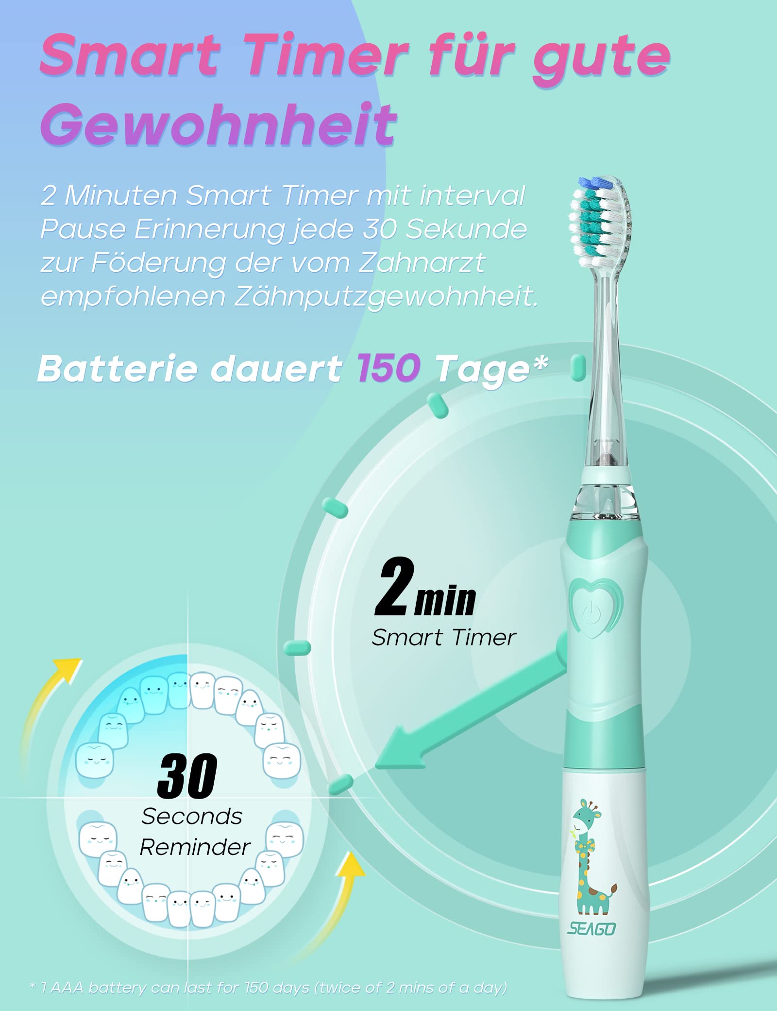 Seago Elektrische Zahnbürste Kinder ab 2, Kinderzahnbürsten mit 4 Extra Weiche Bürstenköpfe und LED Licht, 4 Modi 24000VPM Smart Timer Schallzahnbürste für Kleinkind Mädchen Jungen SG977(Grün) 4