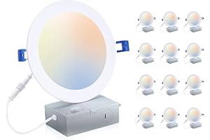 CLOUDY BAY 6 inch 3000K/ 4000K/ 5000K Three Color Temperature Selectable, Dimmable 15W CRI 90+, Ultra Thin LED Recessed Light with Junction Box, IC Rated, Air Tight, ETL/JA8, White, 12 Pack