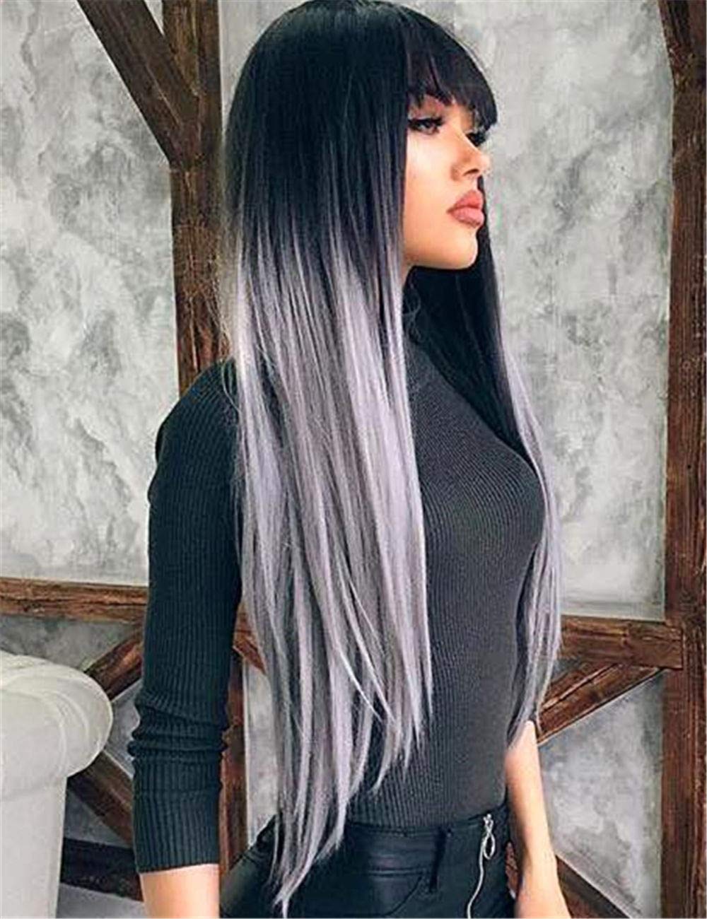 Topwigy Ombre Grey Women Wigs Long Straight Middle Part Black Rooted Silver Grey Hair Synthetic Colored Women Hair Replacement Full Wigs Light Grey