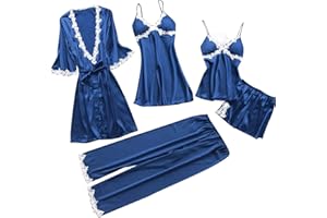 JMMSlmax Women's Satin Pajama Set 4pcs/5pcs Floral Lace Trim Cami Lingerie Sleepwear Bridesmaid Wedding Kimonos with Robe