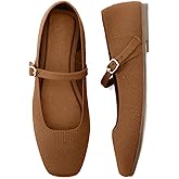 Soesyi Knit Flats for Women Square Toe Flats Casual Ballet Flats with Ankle Strap,Mary Jane Shoes Women Comfortable for Dressy Office