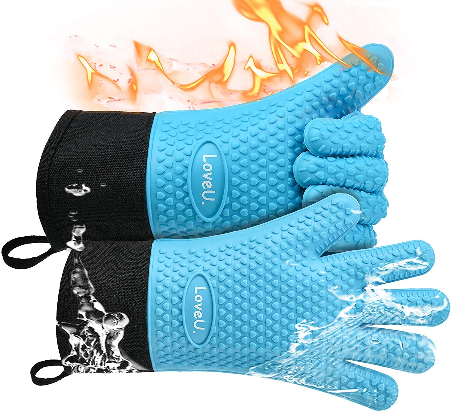 Photo 1 of Loveuing Kitchen Oven Gloves - Dual-Layer Heat Resistant Grilling Gloves, Silicone Oven Mitts with 5 Fingers, Waterproof Non-Slip Pot Holder for Barbecue, Cooking, Baking (Blue, Long)