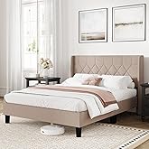Novilla Queen Size Bed Frame, Queen Bed Frame with Headboard, Linen Upholstered Pull-Point Wing Side Headboard, No Box Spring Needed, Heavy Duty Feet, Easy Assembly, Beige