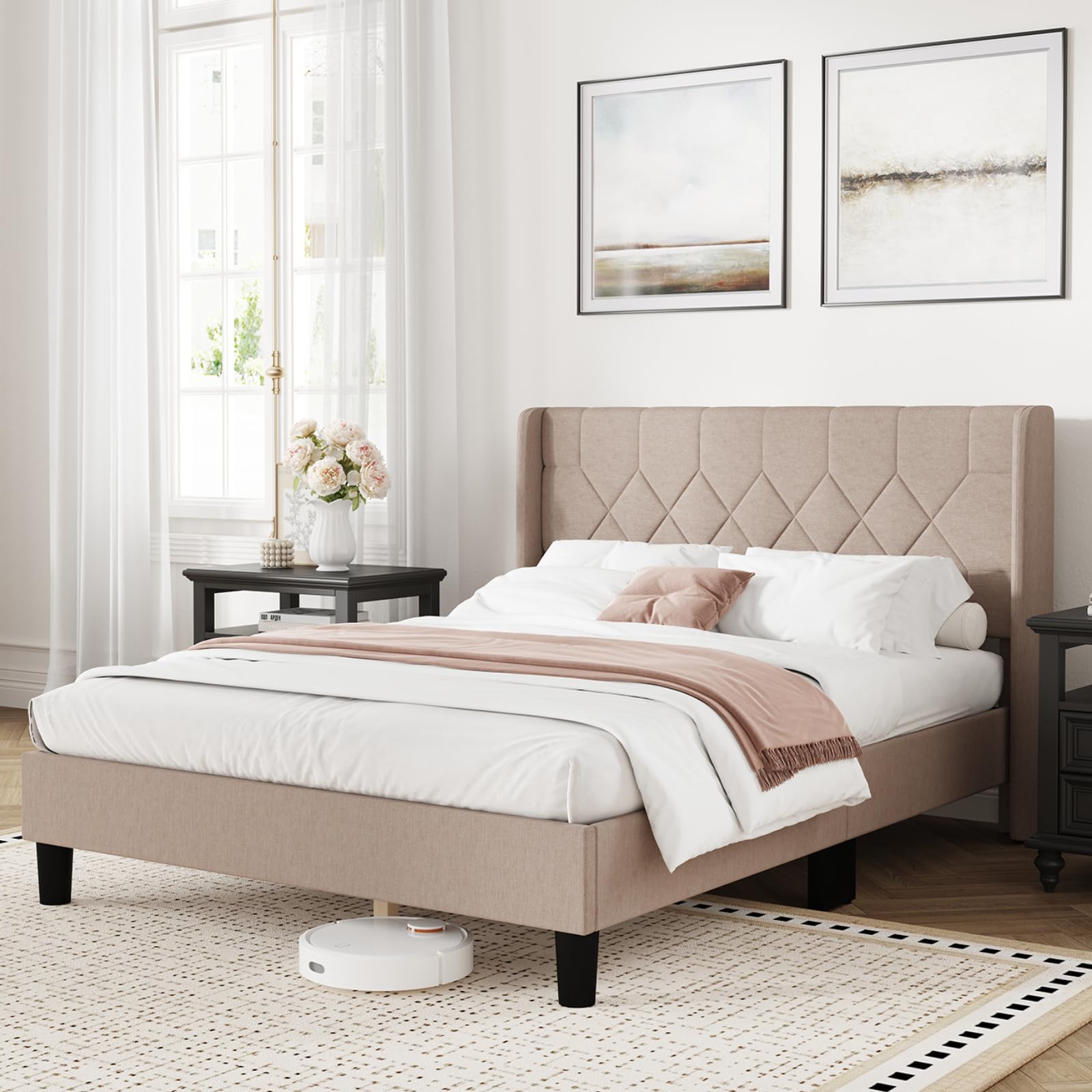 Photo 1 of **PARTS ONLY** Novilla Queen Size Bed Frame, Queen Bed Frame with Headboard, Linen Upholstered Pull-Point Wing Side Headboard, No Box Spring Needed, Heavy Duty Feet, Easy Assembly, Beige