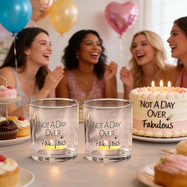 HAVITI 12PCS VOTIVE CANDLE HOLDERS BIRTHDAY GIFTS FOR WOMEN, NOT A DAY OVER FABULOUS GLASS TEA LIGHT HOLDER, CLEAR FLOATING TEALIGHT CANDLE HOLDER FUNNY FOR MOM SISTER FRIENDS