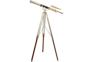 NAVIROCK Nautical Double Barrel Telescope Shiny Brass Finish Black Leather Anchor Master with Adjustable Wooden/Brass Tripod Floor Standing Collectible Telescopic