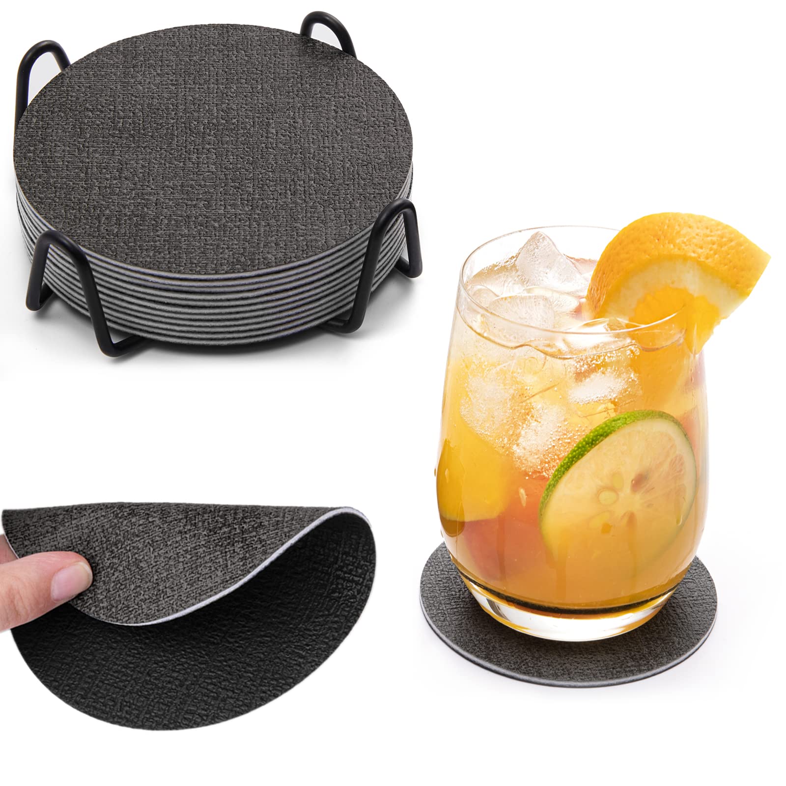 Chitomars Coasters, Dual Sided Faux Leather Coaster for Drinks Mug Coaster Non Slip Anti-Heat Washable Cup Pad Mats Home and Outdoor Coffee Beer Glass Bottle Bar (Grey Black, Round)