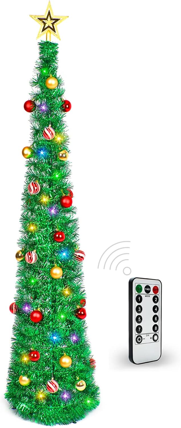 Trees - HISFFOG 5 Ft Prelit Tinsel Pop Up Christmas Tree with 8 Light Adjustment Modes 50 Remote Color Lights Battery Operated, Pencil Artificial Slim Tree Xmas Decoration Home Party Indoor Outdoor