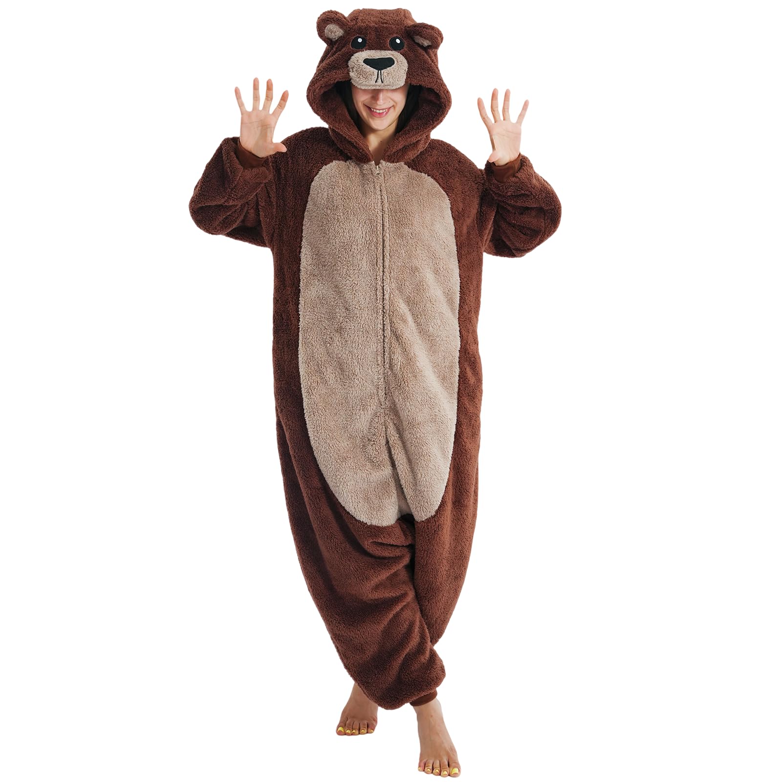 Beauty Shine Unisex Adult Onesie One Piece Pajamas Cosplay Cartoon Costume Halloween Christmas Sleepwear Jumpsuit Plush Homewear(Brown Bear-1, Large) Image