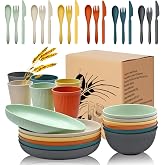 36Pcs Wheat Straw Plates and Bowls Sets, Wheat Straw Dinnerware Sets for 6 with Plates, Cups, Knives, Forks and Spoons Reusable Plates Set