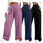 Sweetyweee 3 Pack Women's Plus Size Fleece Lined Pants Wide Leg Drawstring Sweatpants with Pocket Elastic Waisted Yoga Pants