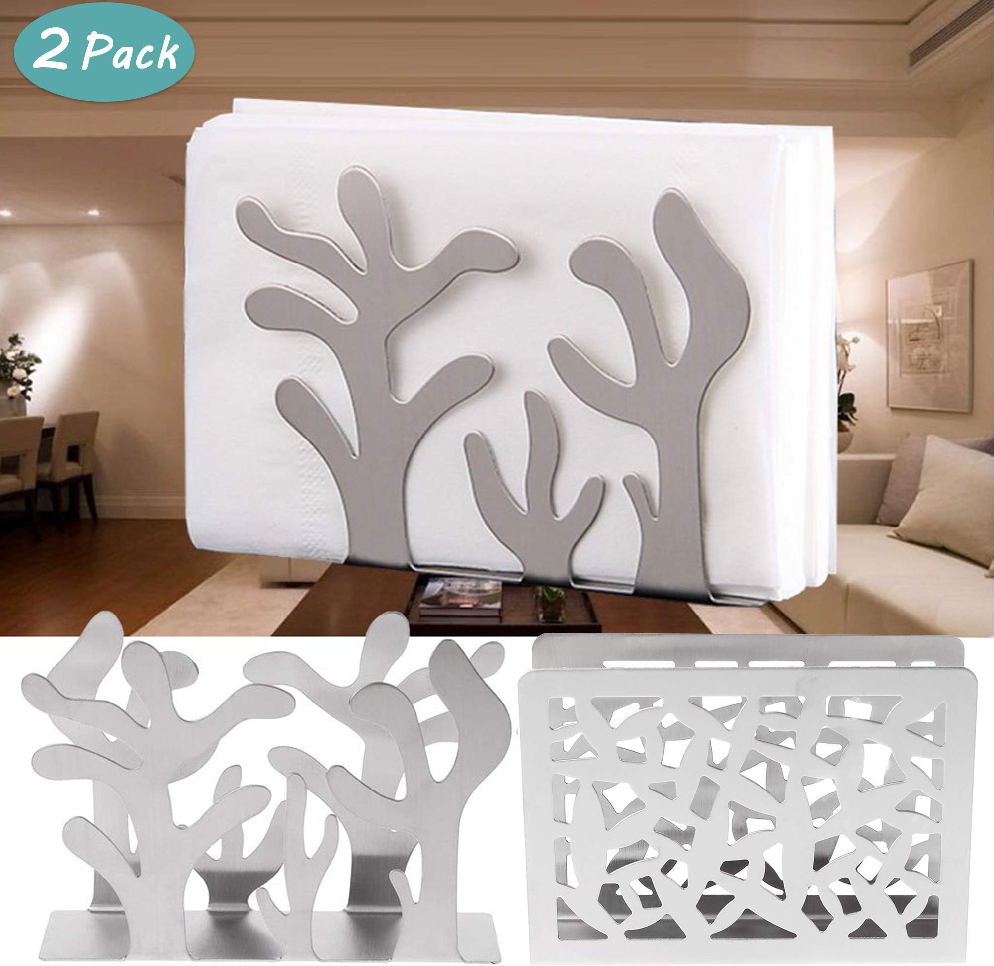 Mein HERZ 2 Pcs Family Napkin Holder Napkin Holder for Table or Kitchen Counter, Stainless Steel Napkin Stand, Plant Modeling and Lattice Flower Modeling (Silver)