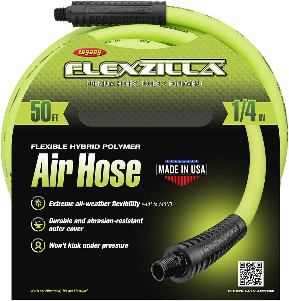 Flexzilla HFZ1450YW2 1/4" (inches) x 50' (feet) Air Hose, 50 ft, MNPT Fittings, Heavy Duty, Lightweight, Hybrid, ZillaGreen-HFZ1450YW2, 1/4" (inches) x 50' (feet): Automotive