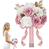 Qeedy Wedding Bouquets for Bride - Realistic Silk Flowers Artificial Roses, 9 Inch Bridesmaid Bouquet for Ceremony, Church, Anniversary, and Home Decoration (White & Pink)