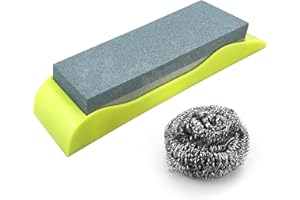 KITORY Rough Whetstone Knife with Green Plastic Base and Stainless Steel Scrubber Set, Sharpening Stone and Steel Wool Pads K