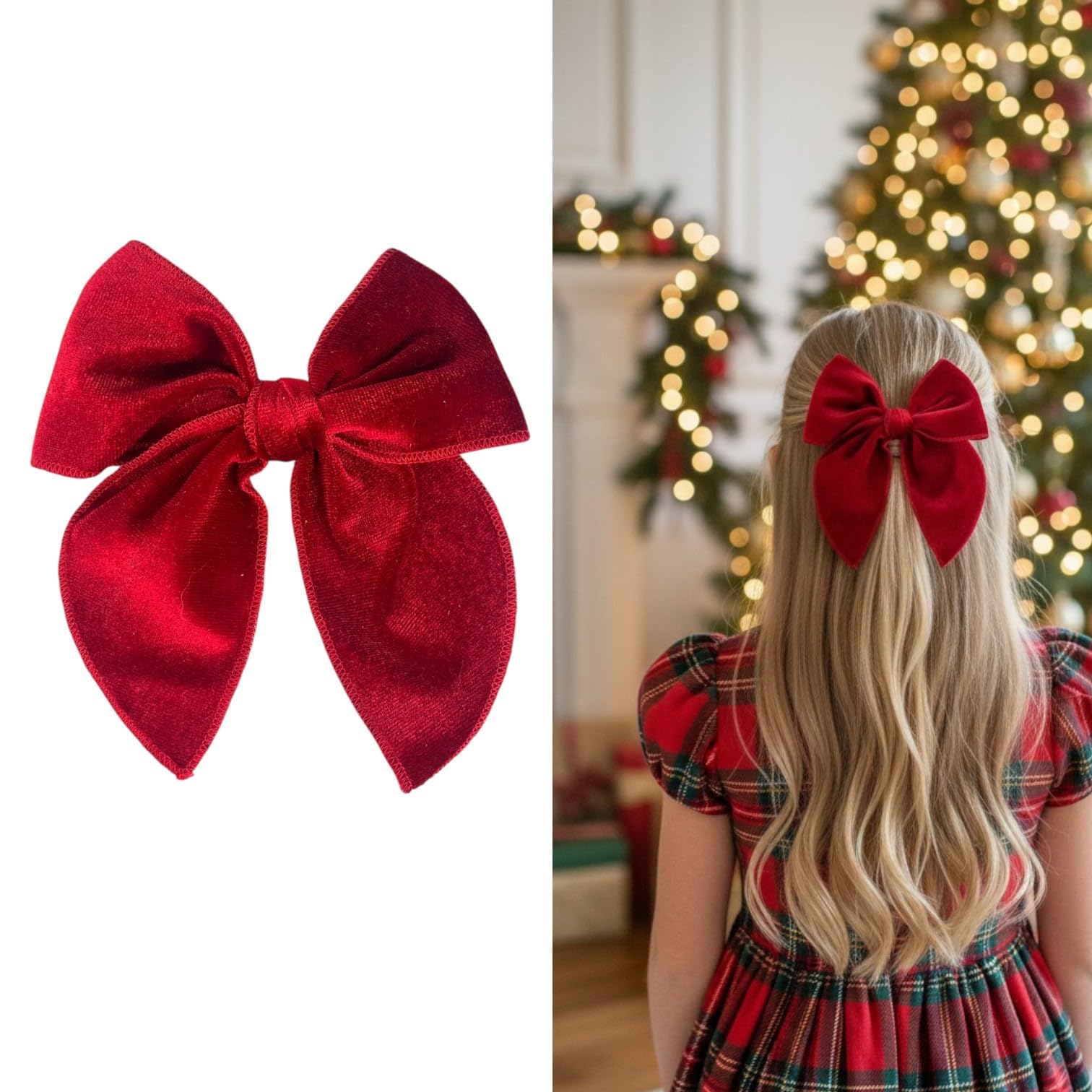 Elegant Velvet Girl Hair Bow - Christmas Girl Hair Bow (Red)