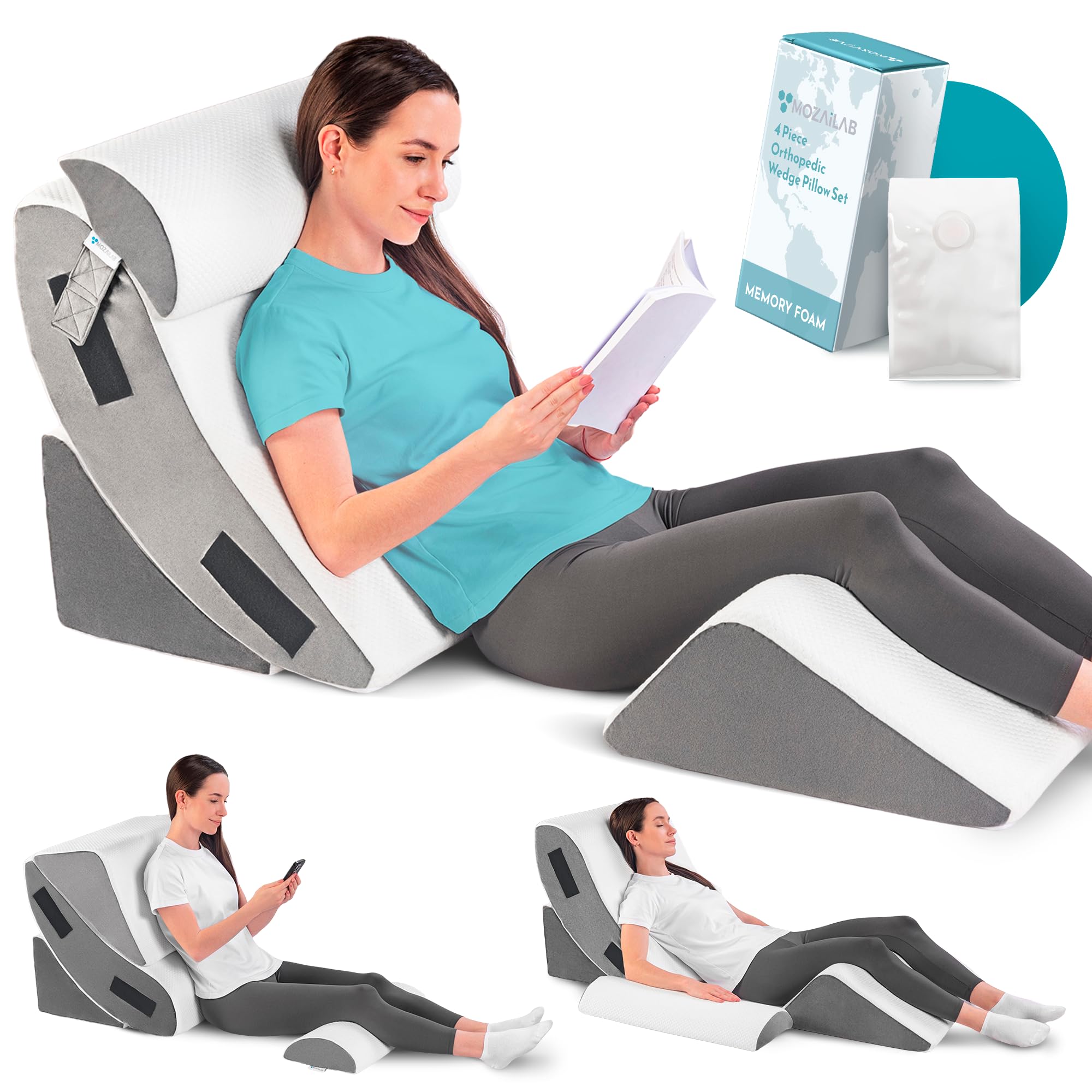 Orthopedic Bed Wedge Pillow Set 4PCS – Memory Foam Wedge Pillow for After Surgery, Shoulder Surgery, Sleeping, Back, Leg, Arm Support – Post Surgery, Acid Reflux, GERD, Snoring Relief