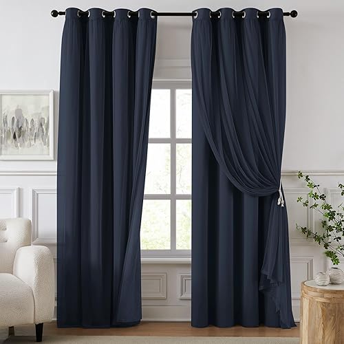 Swandream 100% Blackout Curtains for Bedroom, Double Layer Navy Blue Curtains, Black Out Curtain 108 inch Long with Sheer Overlay for Living Room, Room Darkening Drapes with Grommet, 52" W x 108" L
