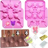 303Pcs Easter Lollipop Molds Set Easter Candy Mold Bunny Eggs Mouse Silicone Molds Rabbit Lolly Pop Tray Sucker Molds Hard Candy Mold Chocolate Baking Mold with Lollipop Sticks Treat Bags Twist Ties