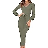 HAEOF Womens 2026 Puff Long Sleeve Fall Winter Sweater Dress Trendy Ribbed Knit V Neck Business Work Midi Bodycon Dresses