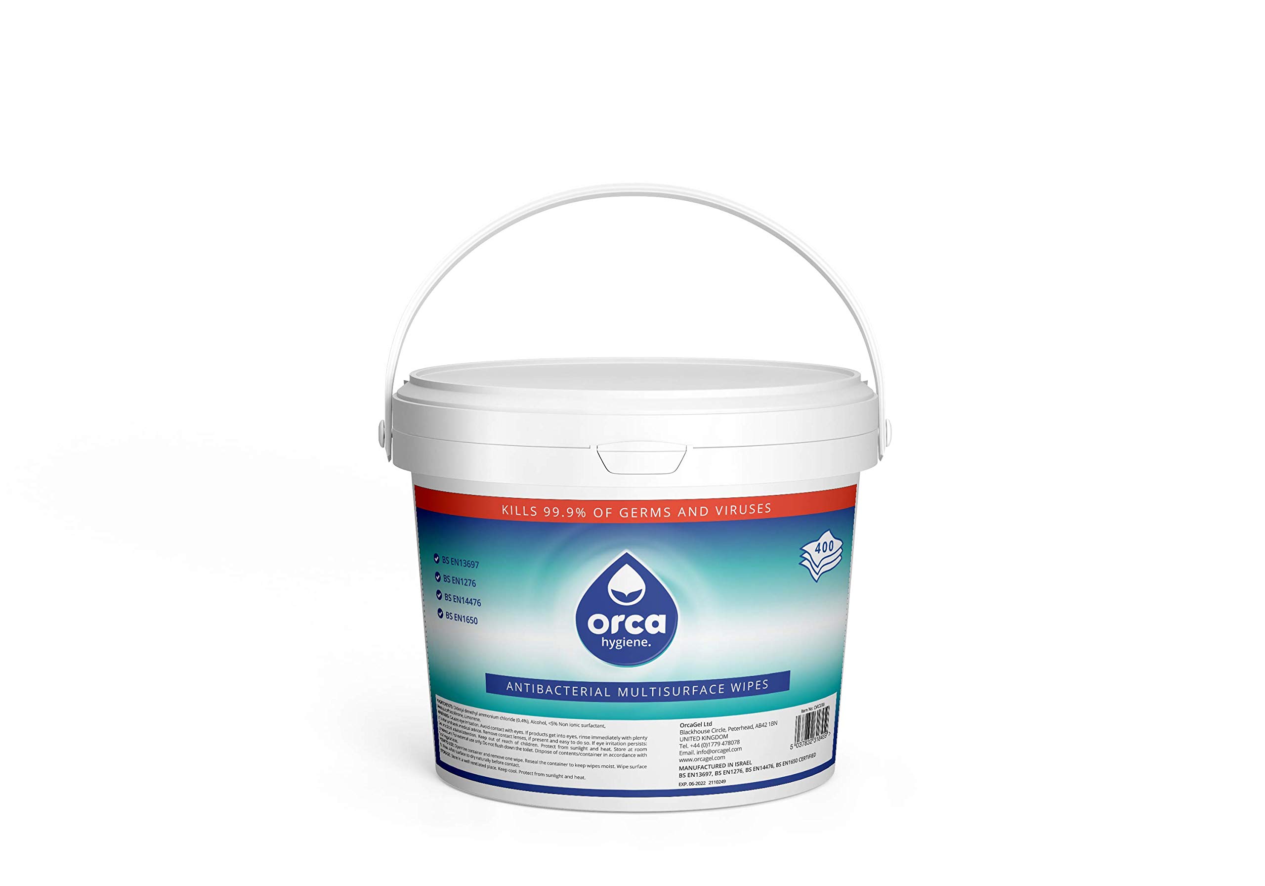 Orca Gel Ltd Antibacterial Surface Wipes, Made with 70% Alcohol, Multi Purpose, Kills 99.999% of Bacteria - 1 x 400 Wipe Tub