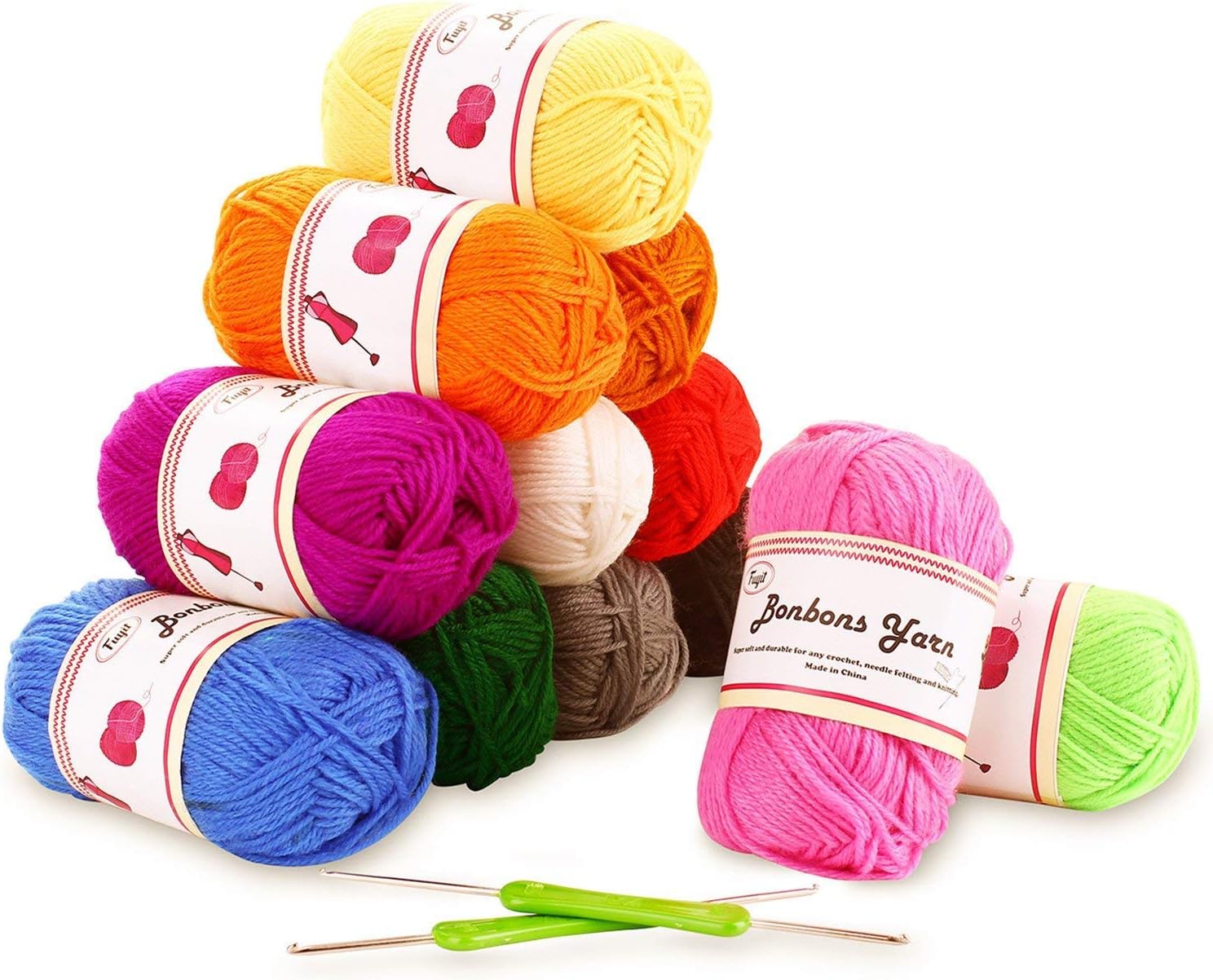 Double Knitting Yarn - 12x50g 100% Acrylic with 2 Crochet Hooks 1200 Meters Balls of Assorted DIY Yarn Set Colourful Chunky Crochet Yarn for Mini Yarn Crochet, Blankets, Scarf (12 Colors)