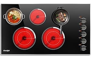 Cooksir 36 Inch Electric Cooktop - 5 Burner Electric Stove with 8400W High Power, 36" Large Built-in 5 Zones Radiant Ceramic Stove Knob Control, Residual Heat Indicator, 220-240V Hard Wired (No Plug)